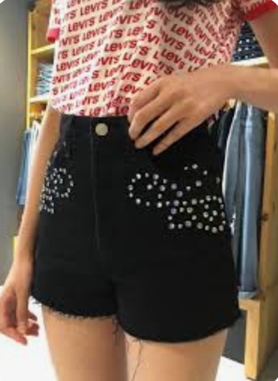 Levi's Ribcage Short Black Cut Off Denim Shorts Big E Bling Embellished Size 28